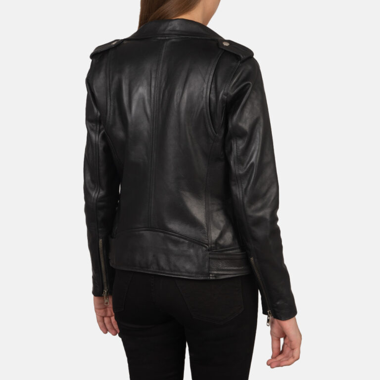 Womens Alison Black Leather Biker Jacket Tilted Back-8-1659378926222